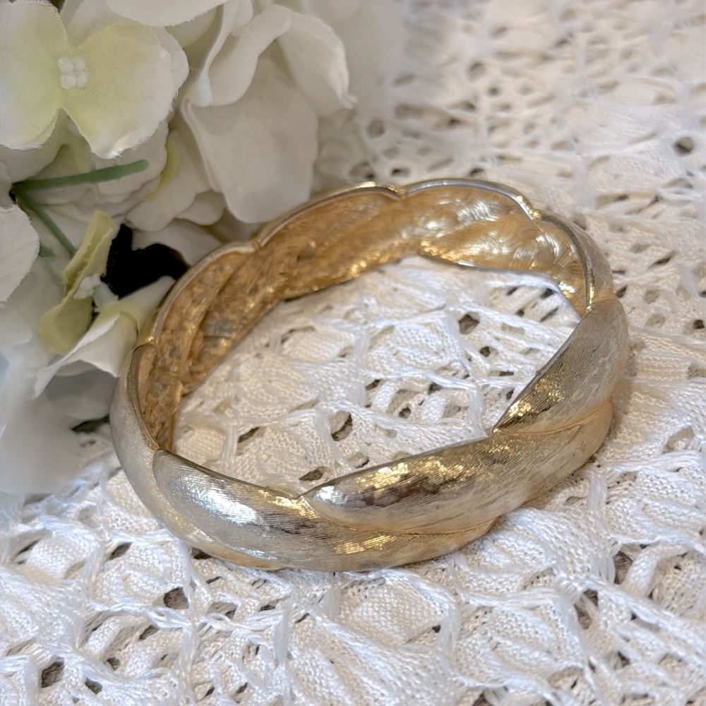 Vintage Givenchy Signed Brushed Gold Tone Twisted Runway Bangle Bracelet